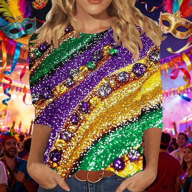 RKSTN Mardi Gras 3/4 Length Sleeve Womens Tops Oversized Crewneck Carnival Graphic Printed Three Quarter Sleeve T Shirt Women Casual Round Neck Funny Tuesday Carnival Party Loose Short Sleeve Shirt