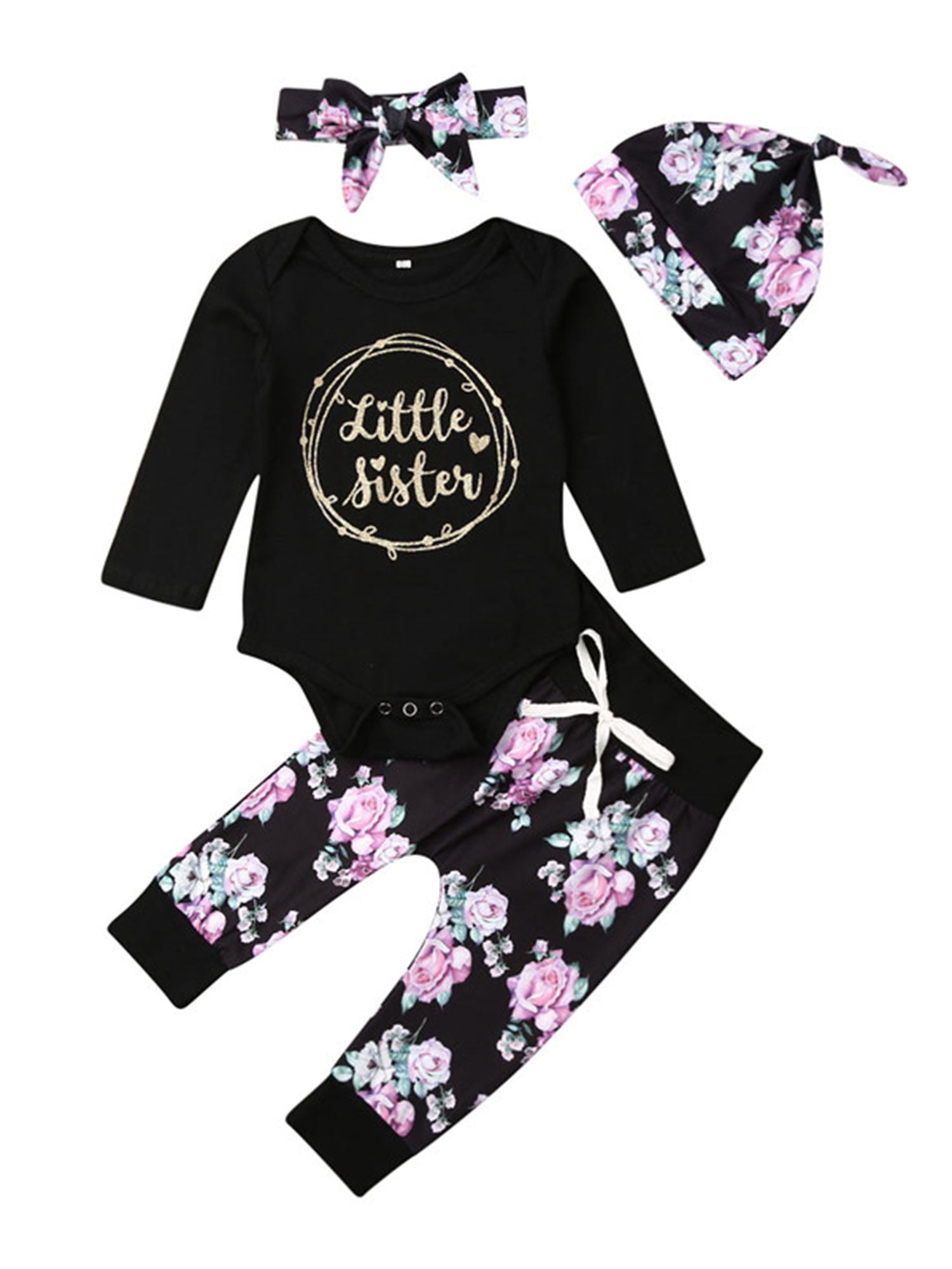 EYIIYE 4Pcs Newborn Baby Girls Black Romper+Flowy Pant Headband Hats Clothes Suit 0-18 Months