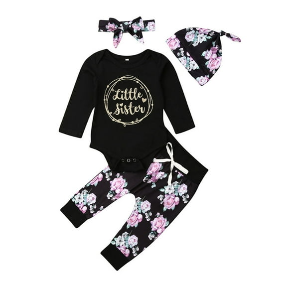 Canrulo Newborn Infant Baby Girl Clothes Long Sleeve Little Sister Romper Tops+Floral Pants+Hat+Headband Outfits Black 3-6 Months