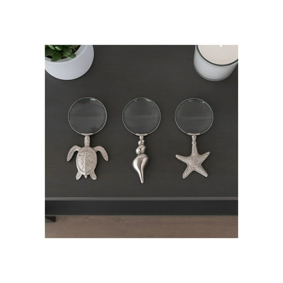 Decorative Objects Metal Aluminum Glass Coastal Magnifying Glasses with Ocean Designs Finish for Home Office Living Room Set of 3 - 1" Silver