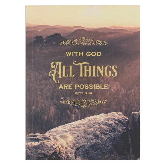 Christian Art Gifts Scripture Notebook, With God All Things Are Possible - Inspirational Bible Verse, Mountain Sunset, Matthew 19:26