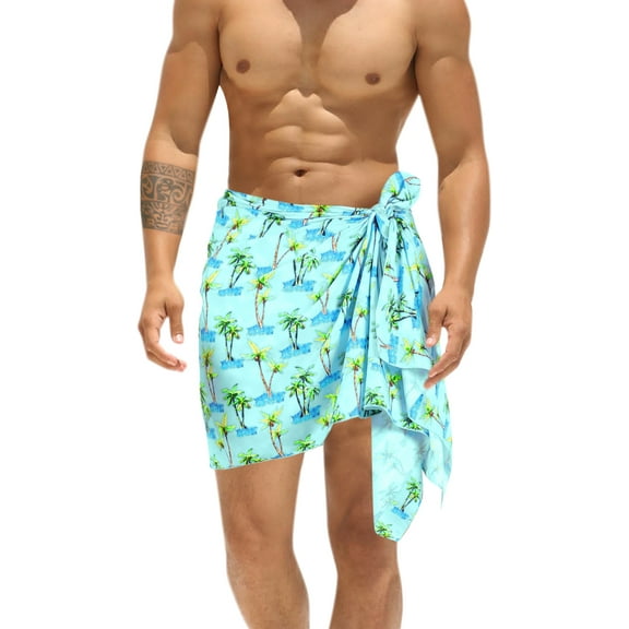 HAPPY BAY Men's Swimwear Beach Summer Pareo Short Sarong One Size Blue, Palm Tree Vacation Holiday Party