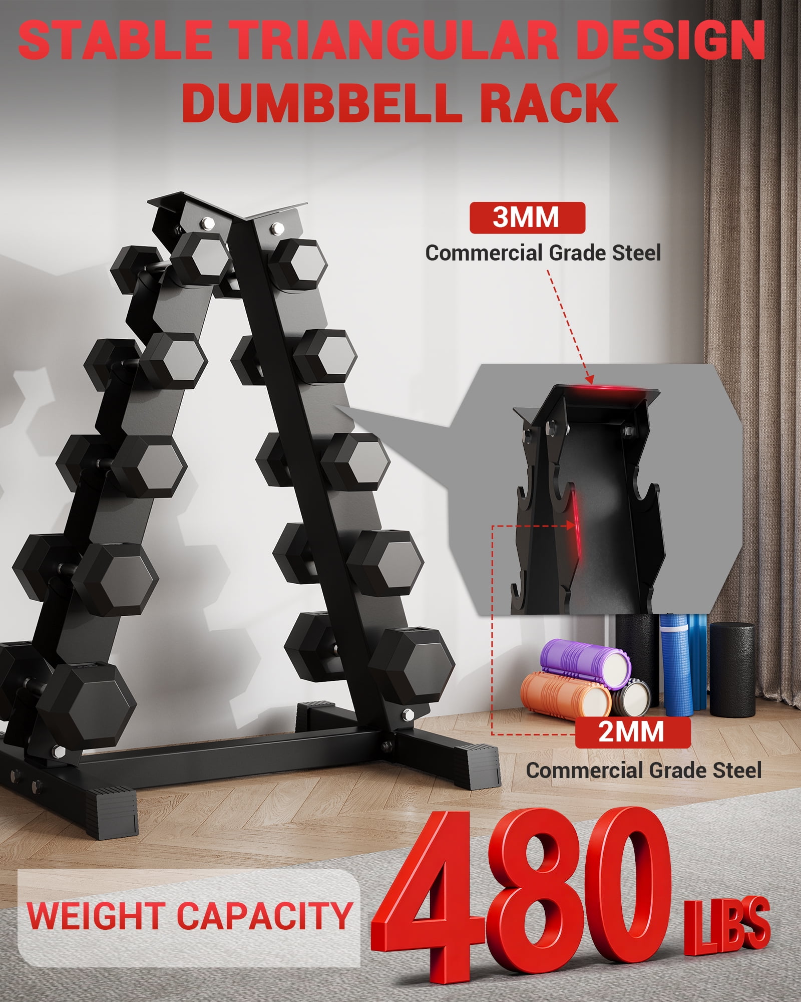Dumbbell Rack Stand, Space-Saving A-Frame 5-Tier Dumbbell Rack - Heavy Duty Steel Weight Storage Stand for Home Gym Fitness - Vertical Design - Durable Construction - Black