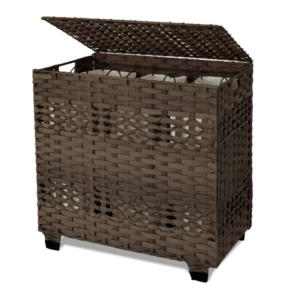 CHERISHGARD Laundry Hamper 135L Handwoven Rattan Laundry Basket with Lid & Heightened Feet 3 Removable Liner Bags 26x13x26 Inches
