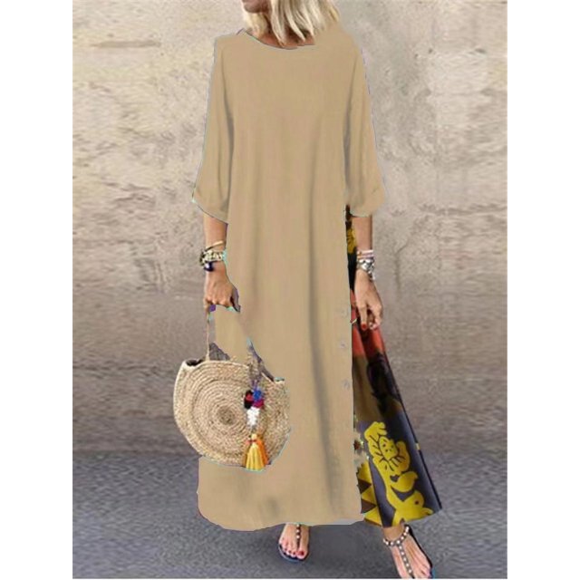 European and American Autumn Vintage Flower Round Neck Contrast Button Stitching Seven-point Sleeve Dress
