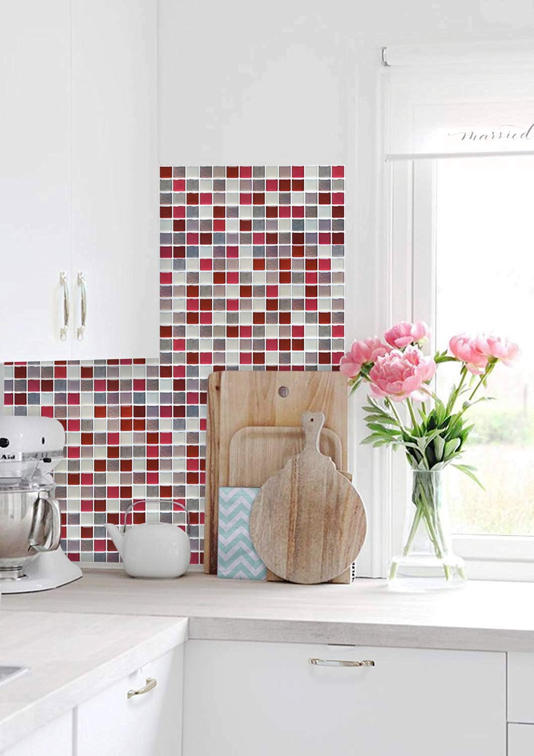 3d Mosaic Tile Sticker Removable Wallpaper Red  Self Adhesive Wall Tiles Bathroom For Kitchen Backsplash Pvc Square Decorative Vinyl Decals 4 Sheets