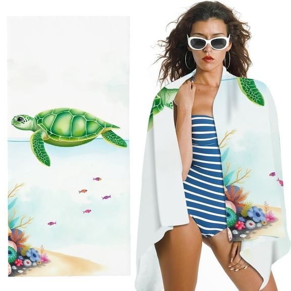 RKSupls Sea Turtle Coral Reef Watercolor Microfiber Beach Towel, Extra Large Quick Dry Lightweight Absorbent Towel for Travel Swimming Camping, Soft Super Absorbent- 30x60 in