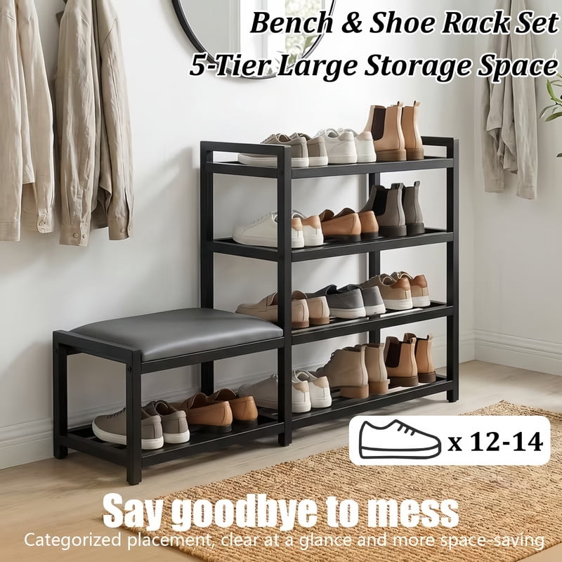 4-Tier Shoe Rack and Upholstered PU Leather Shoe Bench Set of 2, Carbon Steel Free Standing Shoe Storage Shelf