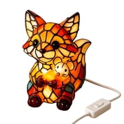 Fox Night Light Stained Glass Table Lamp Decorative Animal Accent Lamp Warm Glow Bedside Lighting for Living Room Bedroom Side Table Decor
