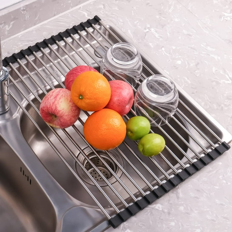 Roll Up Dish Drying Rack Over The Sink Drying Rack for Kitchen Counter,  Folding Dish Rack Over Sink Mat, Stainless Steel Dish Drainer Sink Rack  Kitchen Sink Organizer Accessories 17.5x13.7 