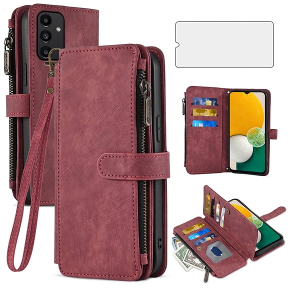 Asuwish Kickstand Hard Shell Wallet Cell Phone Case with Tempered Glass Screen Protector for Samsung Galaxy A13 5G/A04S/M13 5G, Red