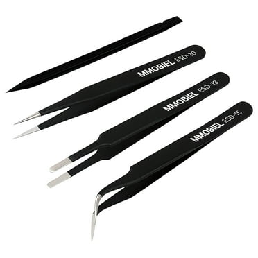 MMOBIEL 3x Industrial Precision ESD Tweezers Anti-Static Stainless Steel for Electronics Tools, Jewelry, Computer, Laboratory Work, Crafts and Hobbies etc. – Incl. Plastic Pry Tool