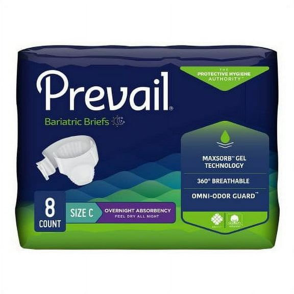 Prevail Unisex Adult Incontinence Brief Size C, Disposable Heavy Absorbency, Up to 110 Inch Waist / Hip, Bag of 8