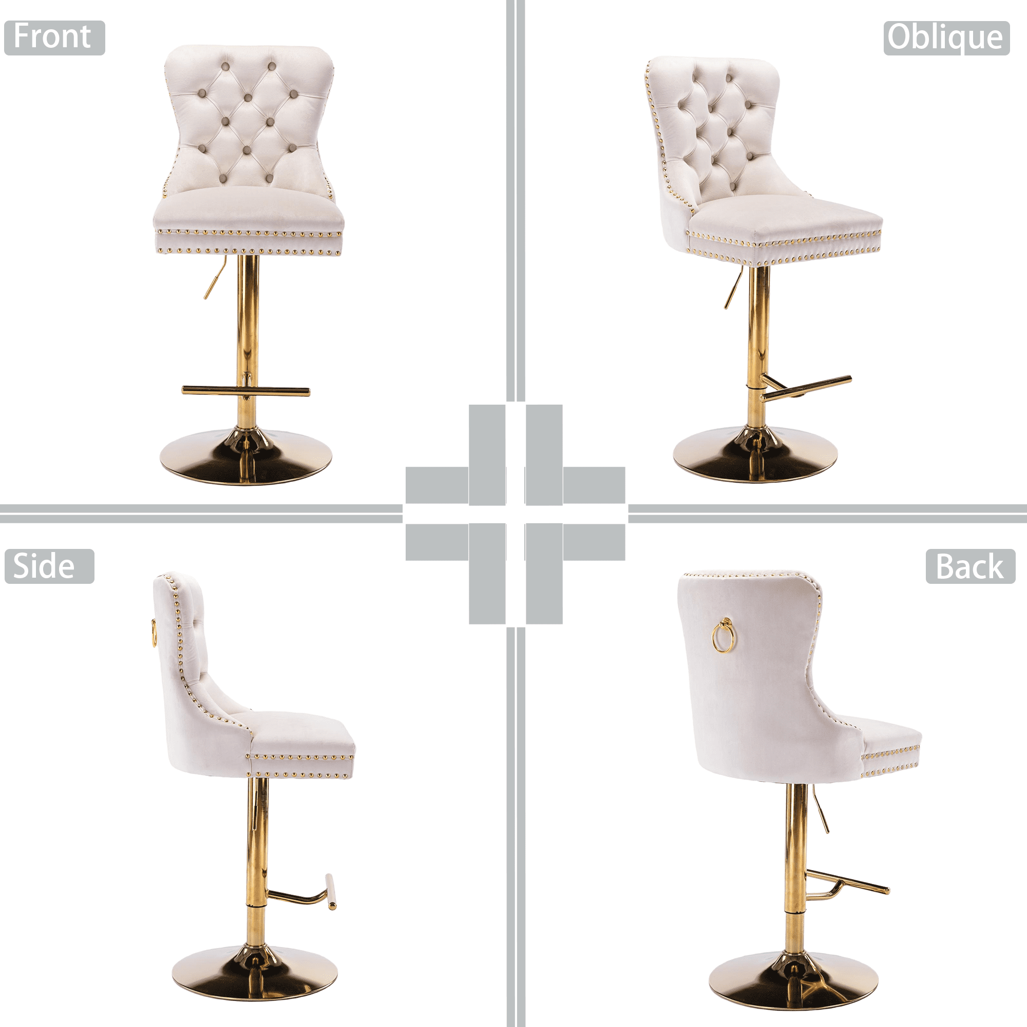 4-Piece Velvet Swivel Bar Stools, Adjustable Counter Height Dining Bar Chairs with Tufted Backrest and Nailhead Trim for Kitchen Island （Beige with Gold Leg）