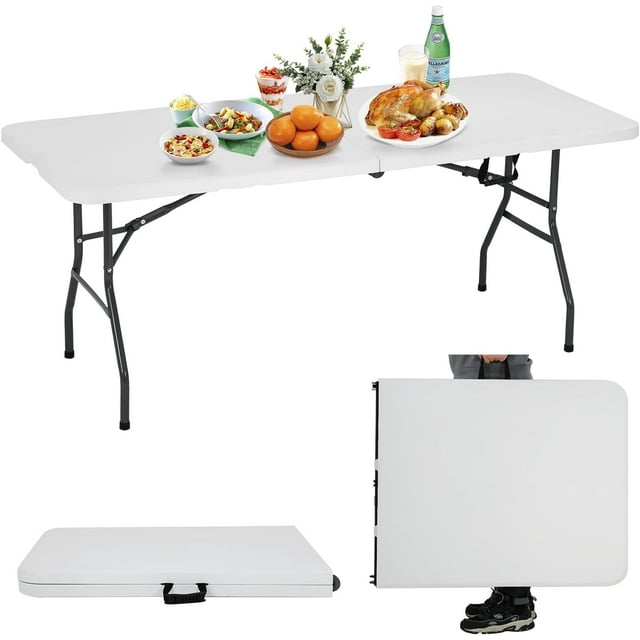 Folding Table Heavy Duty Fold Up Table Camping Working Table Indoor Outdoor Plastic Folding Table Utility Party Dining Table Easy to Assemble with Lock Function,White