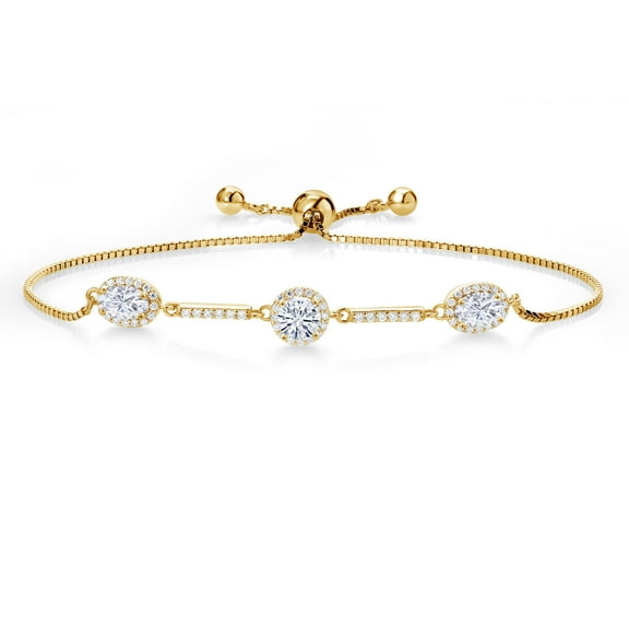 Gem Stone King Keren Hanan 18K Yellow Gold Plated Silver 3 Stone Adjustable Bracelet for Women with Oval and Round Near Colorless Moissanite (1.83 Cttw)