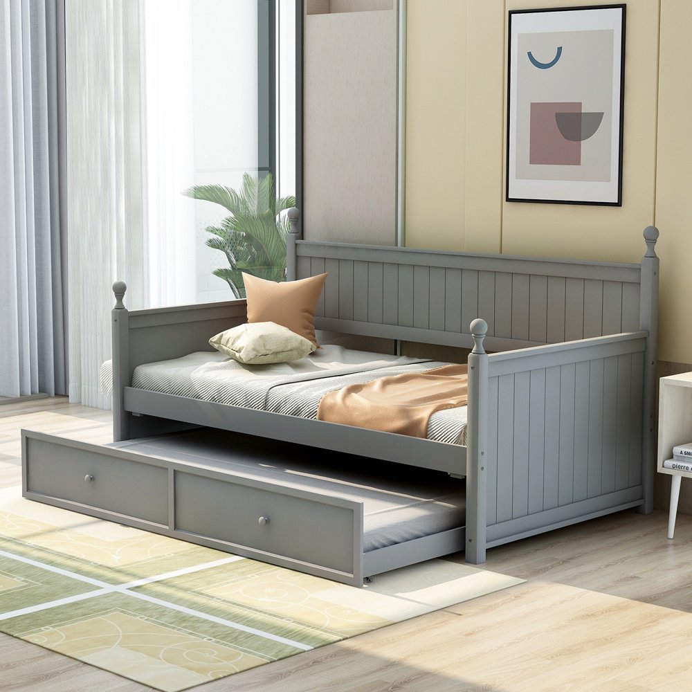 Wooden Daybed Trundle, Platform Bed Frame with Headboard Footboard