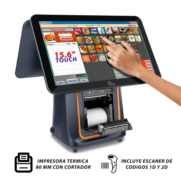 Punto de Venta Doble Pantalla 15.6 Qian QOS-A09TC-01 Impresora Térmica 80mm Lector de Codigo de Barras 2D Android