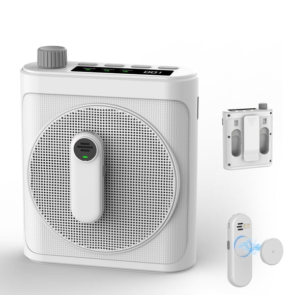 Amplificador de voz inalámbrico VEVARUN de 15 W con 2 micrófonos Lavalier, color blanco