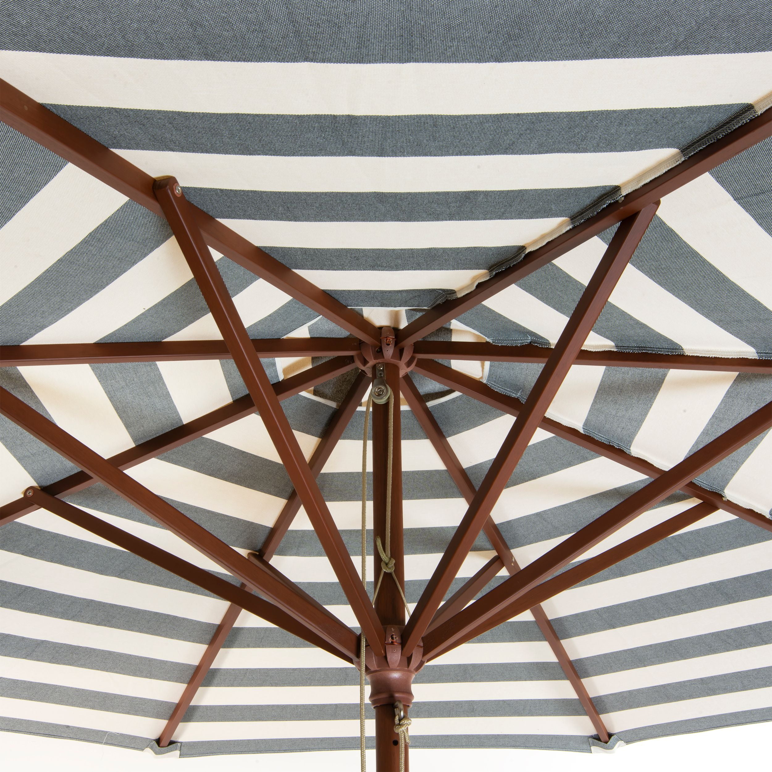 Classic Wood 9 ft Round Market Umbrella Stripe Soft Black and Ivory