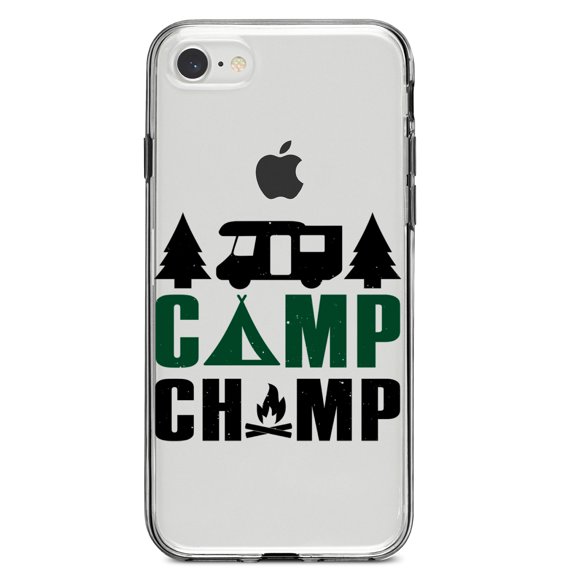 DistinctInk Clear Shockproof Hybrid Case for iPhone 7 8 SE (2020 Model) 4.7" Screen TPU Bumper Acrylic Back Tempered Glass Screen Protector - Camp Champ - Camping Fire