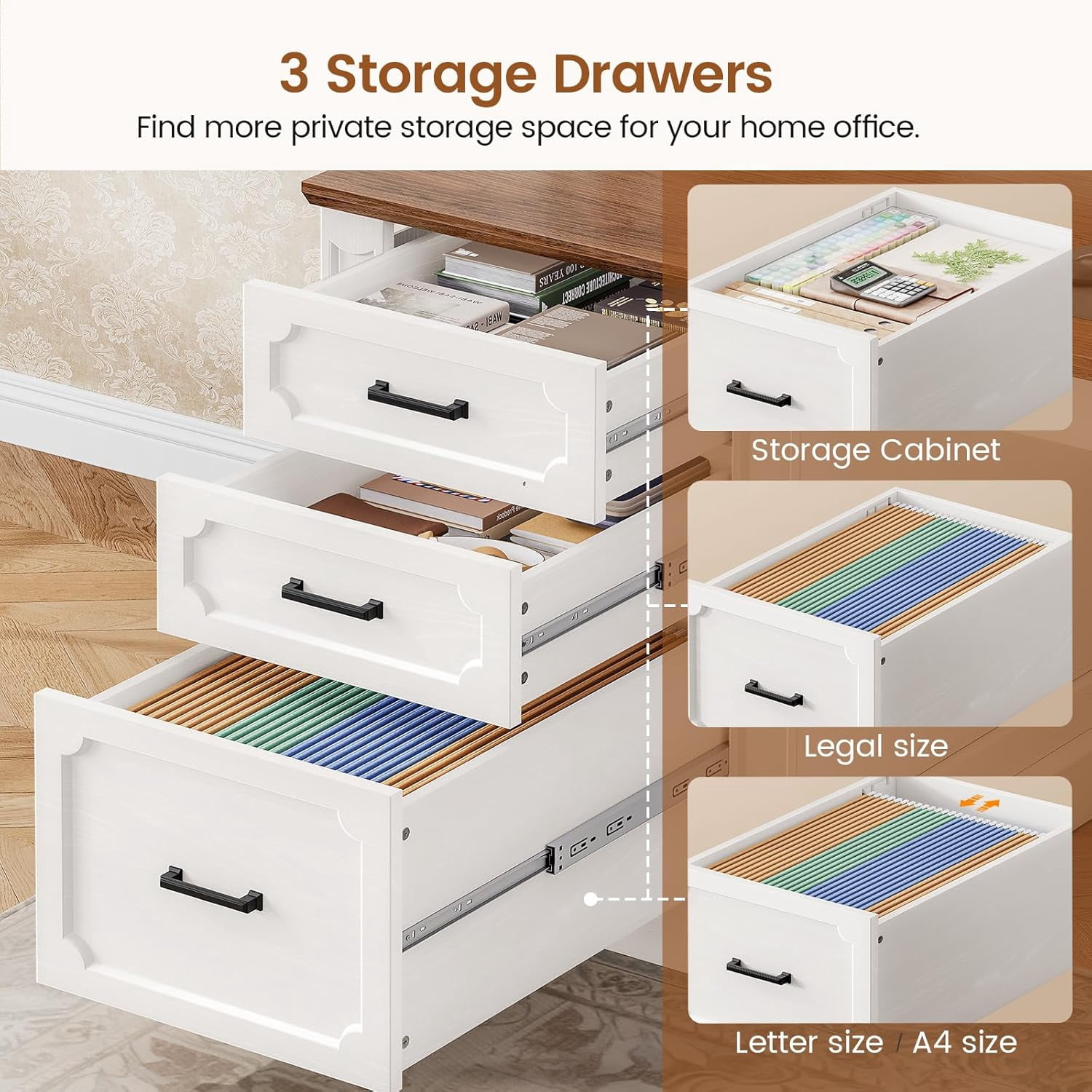 SEDETA 67" Farmhouse L Shaped Desk with Hutch, Executive Home Office Desks with 4 Drawers & Storage Cabinet, Corner Computer Desk with Sliding Doors, File Drawer & Power Outlet, White+Brown