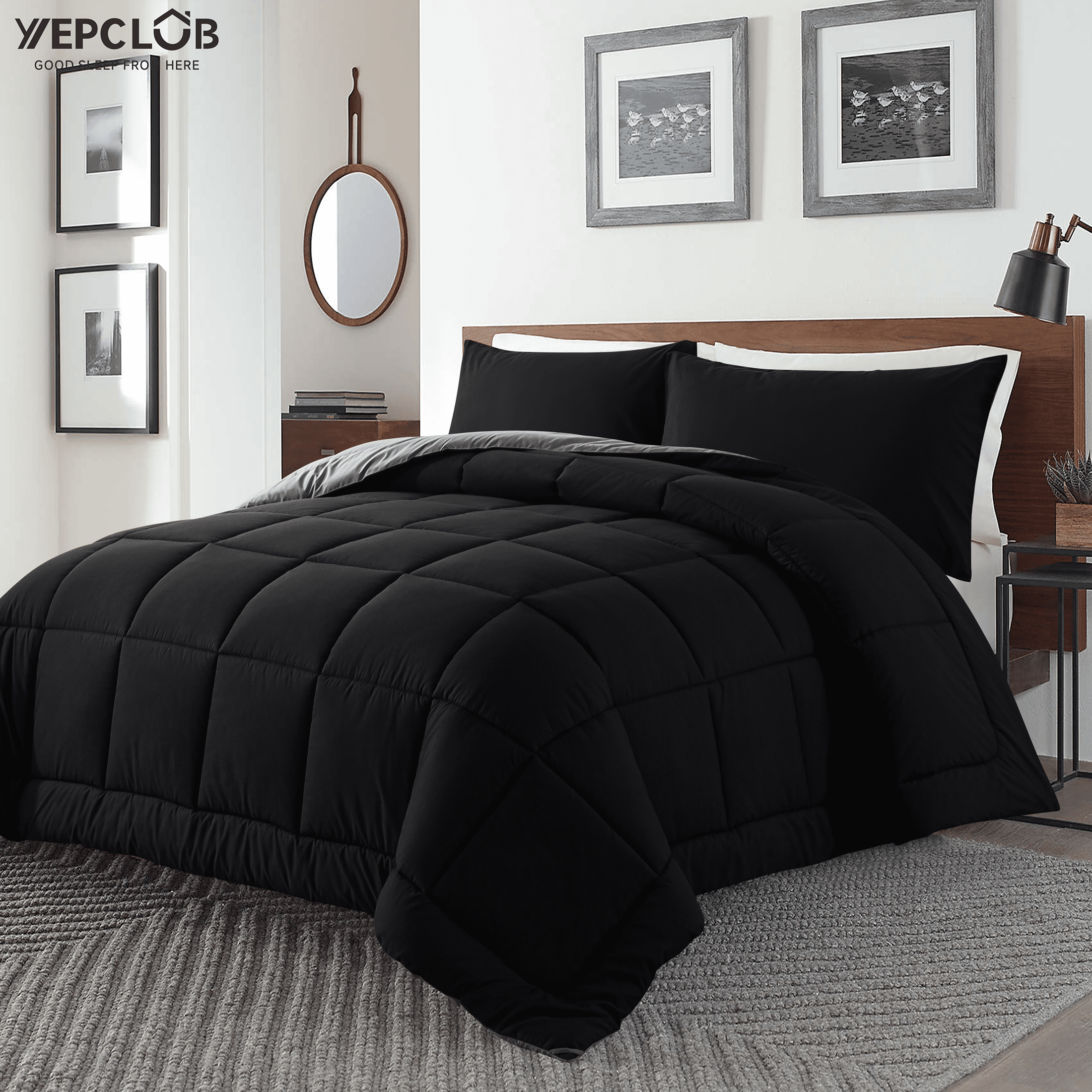 YEPCLUB 3-Piece King Size Comforter Set, Black and Gray Down Alternative Reversible Bedding Set, All-Season Quilted Soft Comforter with Pillowcases