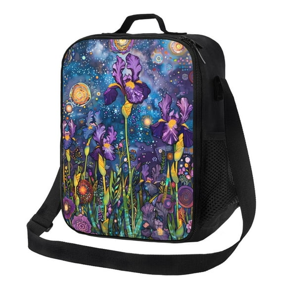 Lsque Cosmic Purple Irises Lunch Bag Lunch Box for Women Men Reusable Insulated Lunch Tote Bag,Leakproof Thermal Cooler Sack Food Handbags Case High Capacity