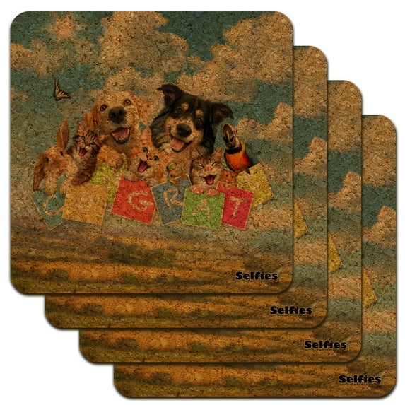 Pet Congratulations Selfie Dogs Cats Low Profile Novelty Cork Coaster Set