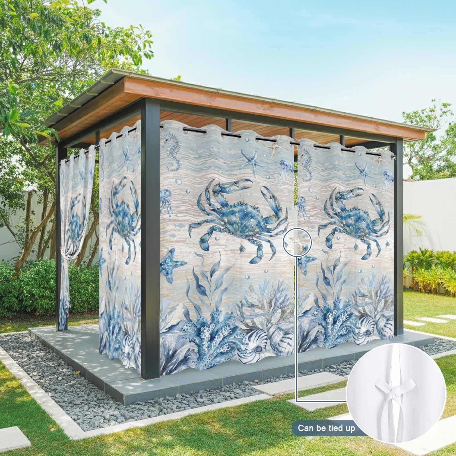 Marine Life Outdoor Curtains for Patio, Ocean Crab Coral Starfish Seashell Jellyfish Coastal Sunshade Privacy Drapes Grommet Waterproof Outside Curtains for Porch/Cabana/Balcony 54"x 108", 1 Panel