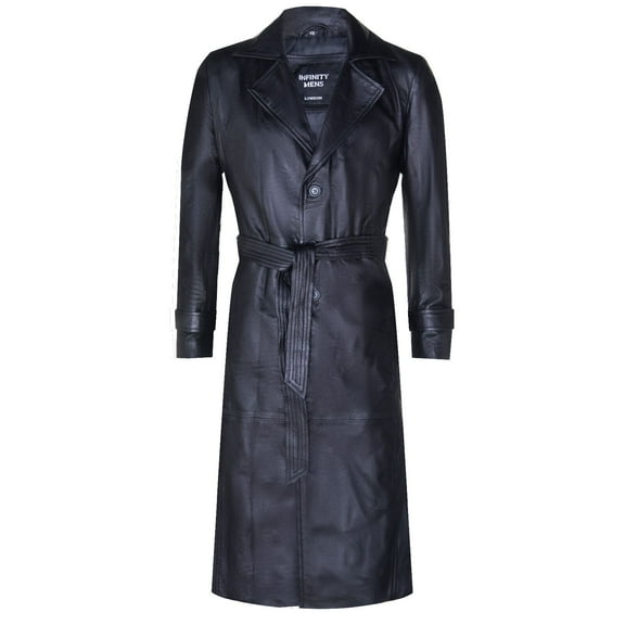 Mens Long Leather Trench Overcoat-Fleetwood in Black