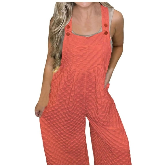Summer Romper for Women Strappy Athletic Romper Solid Color Fashion Overall Sleeveless Casual Button Wide Legs Rompers Jumpers with Pockets
