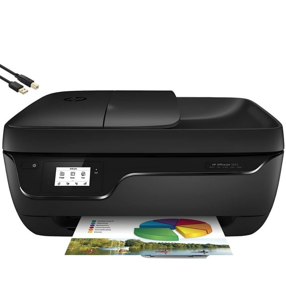 HP OfficeJet 3830 All-in-One Wireless Color Inkjet Printer,Black - Print Scan Copy Fax - 2.2" Touchscreen, 20 ppm,4800 x 1200 dpi, 35-Sheet ADF, Manual 2-Sided Printing, 4 feet USB Printer Cable