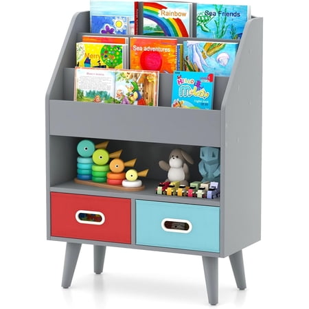 Kids Bookshelf Wooden Children’s Book Rack Bins for Books and Toys Bookshelf for Toddlers Kids Bookcase for Playroom Nursery Classroom