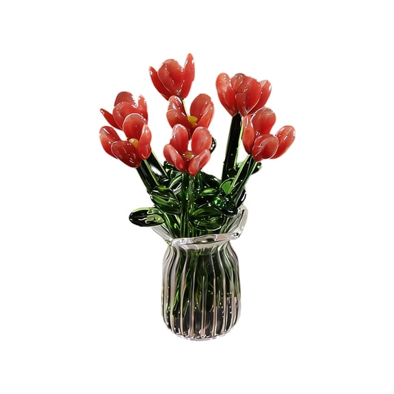 Handcrafted Glass Flower Bouquet Desktop Ornament Decorative Figurine for Home Office Tabletop Display Decor