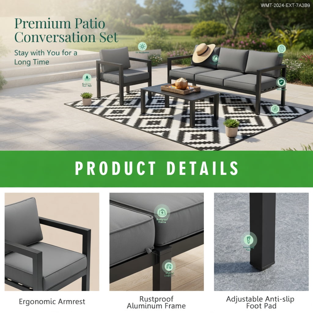 Hommoo 4-Piece Modern Outdoor Patio Furniture Set, Aluminum Frame with Cushions for Backyard, Poolside & Garden, Gray