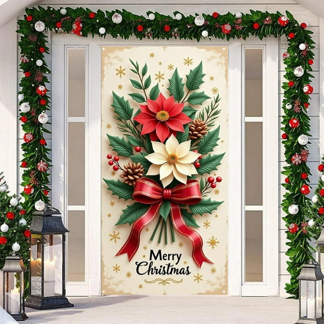 BotaniNest Décorations de Rideau de Porte Rouge Bannière de Porte d'Entrée Joyeux et Train Décorations Extérieures et Années Décorations de Fête d'Hiver Entrée Porche