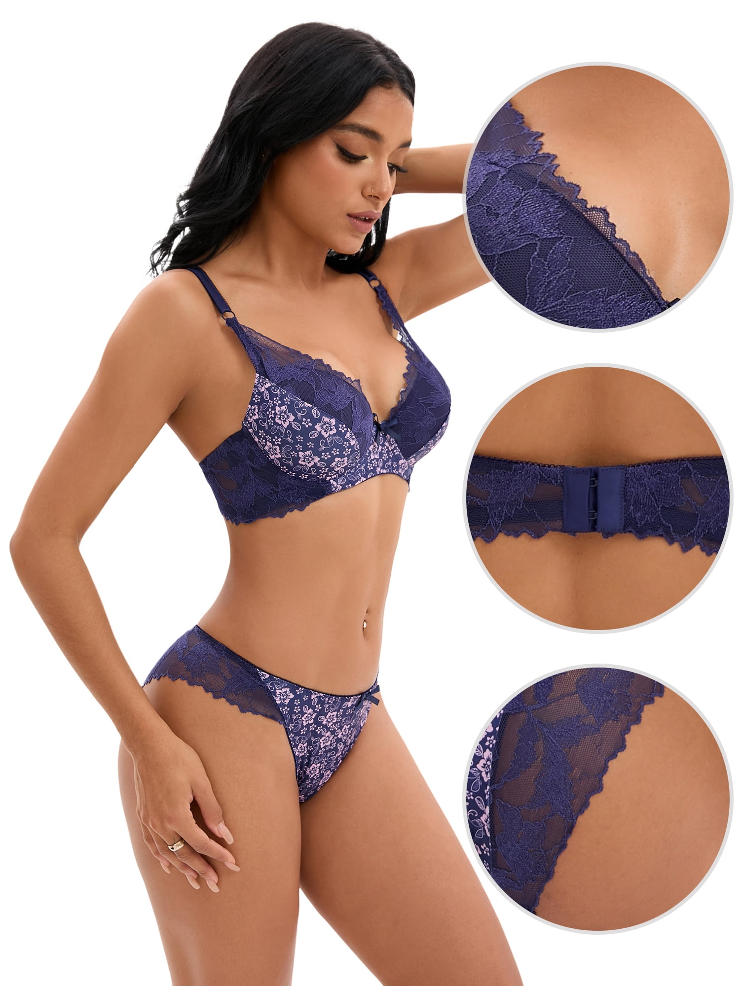Unique Bargains Women's 2 Pcs Lingerie Set Floral Mesh Lace Bra and Panty Sets D 34 Blue
