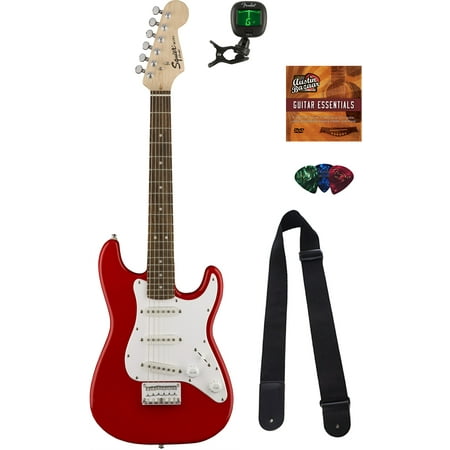 Squier by Fender Mini Strat Electric Guitar - Red Bundle with Tuner, Strap, Picks, Austin Bazaar Instructional DVD, and Polishing