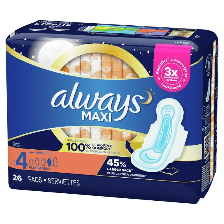Always Maxi Overnight Pads with Wings, Size 4, Overnight, Unscented, 26 Ct  