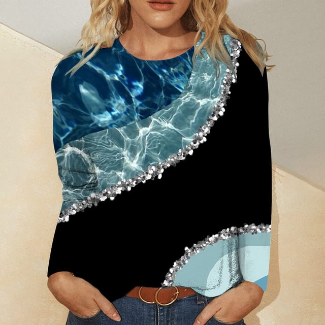 ICHUANYI Liquidación Blusa casual de manga larga con cuello redondo y estampado para mujer ICHUANYI WER2023082201911