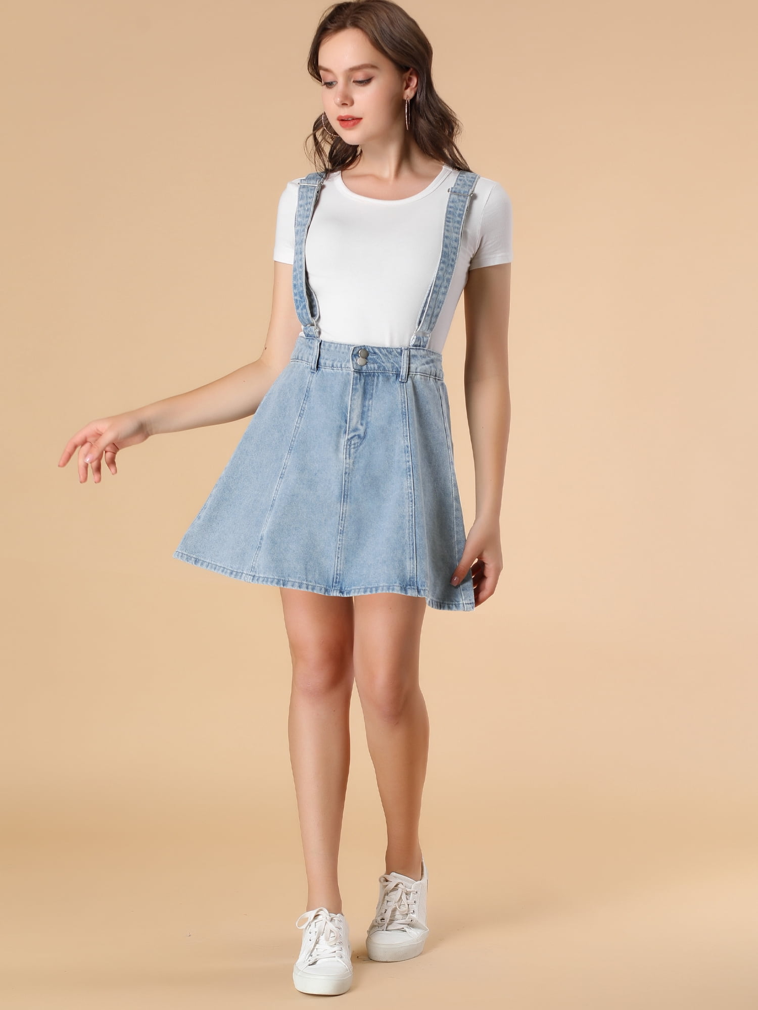 DARING DIVA Women's Button Front A Line Mini Suspender Skirt S Blue