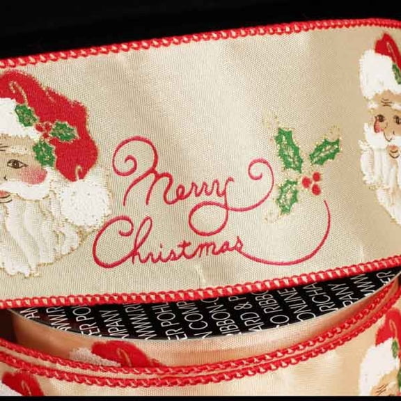 The Ribbon People Gold with Red Merry Christmas Santa Print Wired Craft Ribbon 2.5" x 20 Yards