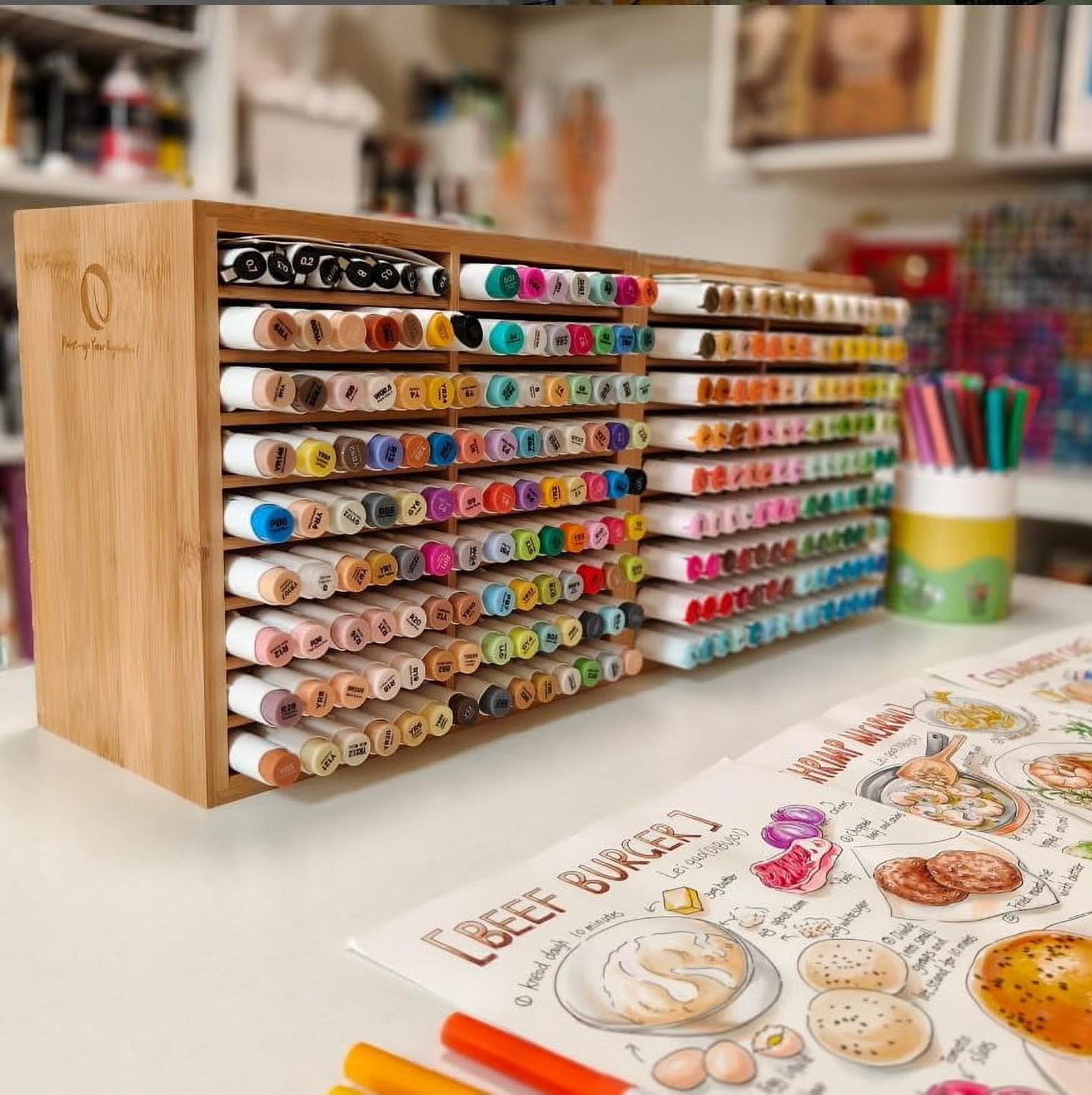 Ohuhu Bamboo Marker Organizer, Holds 126 Markers or Brushes, 18-Compartment Desktop Holder for Home