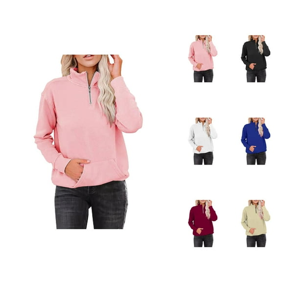 Cute Clothes Women's Solid Sweatshirt Women Sweatshirt Zipper Pocket Solid Color Long-Sleeved Warm Blouse Pullover