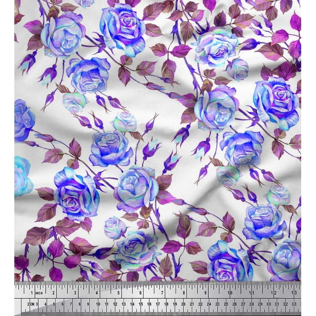 Soimoi Poly Georgette Fabric Leaves & Rose Flower Print Sewing Fabric Yard 52 Inch Wide
