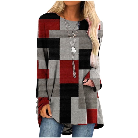 IROINNID Deals Ladies Long Sleeve T Shirts Lounge Socket Geometry Printed Round-Neck Tops,Wine