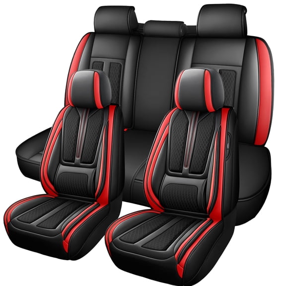 ifwohao Seat Covers Full Set,Nappa Leather Car Seat Covers for Front and Back,Waterproof Universal Fit Car Seat Cushion,Automotive Seat Protector for Most Sedans SUV Pick-Up Truck Sedans,Black&Red