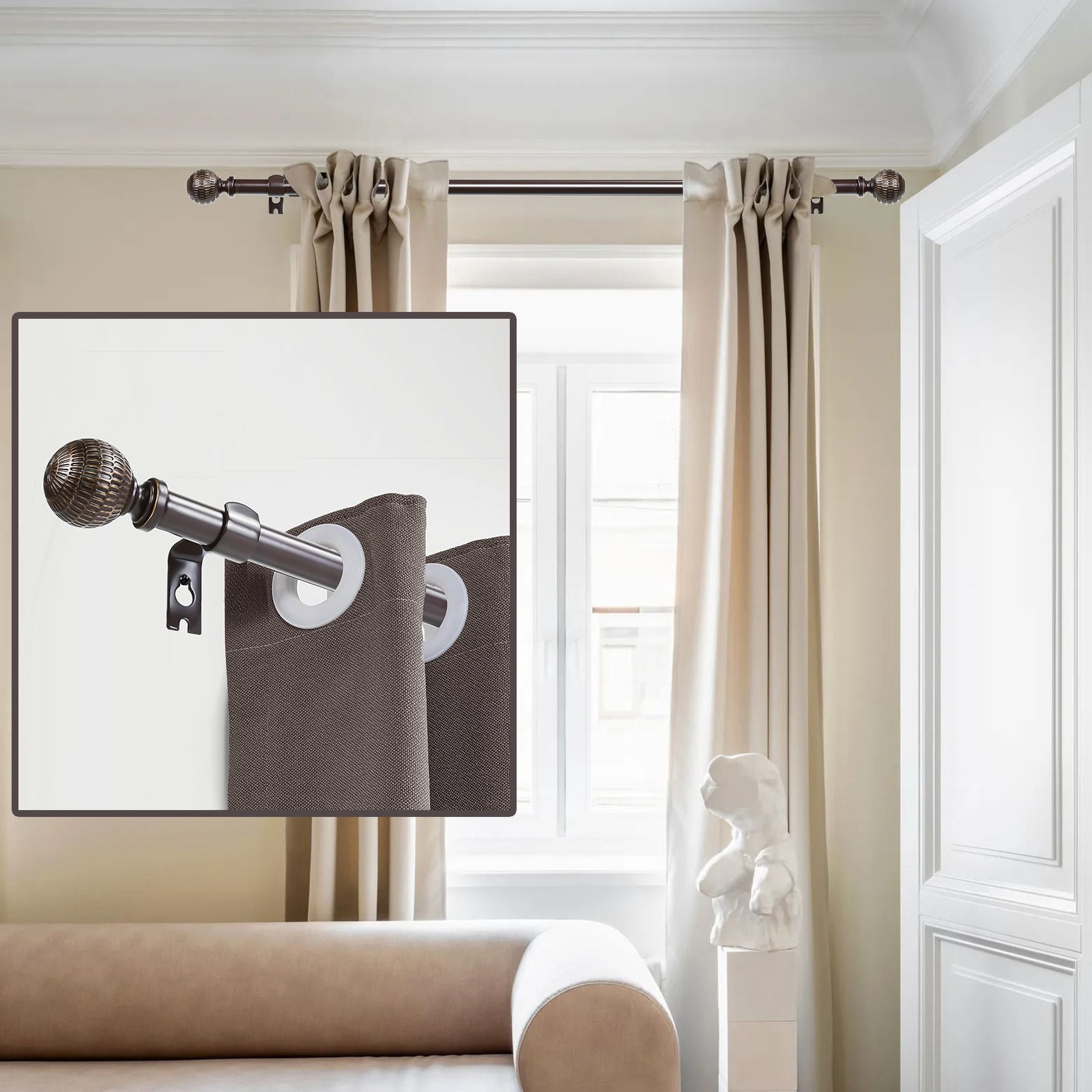 Ridicili 5/8" Single Telescoping Curtain Rod with Reticulated Ball Finials,Bronze Gold, 84"-120"