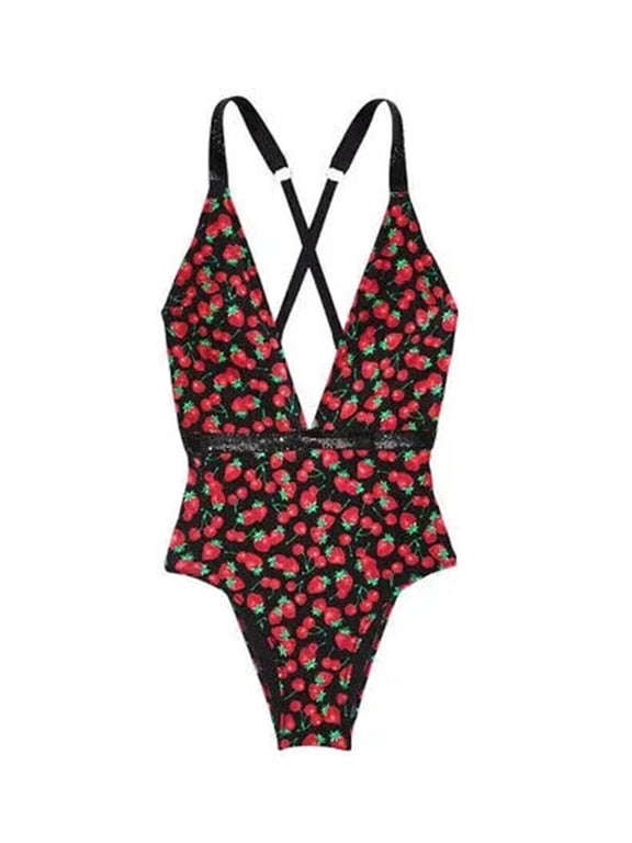 Swim Shine Strap Plunge One-Piece Swimsuit Rhinestones Mixed Berry Size Medium NWT